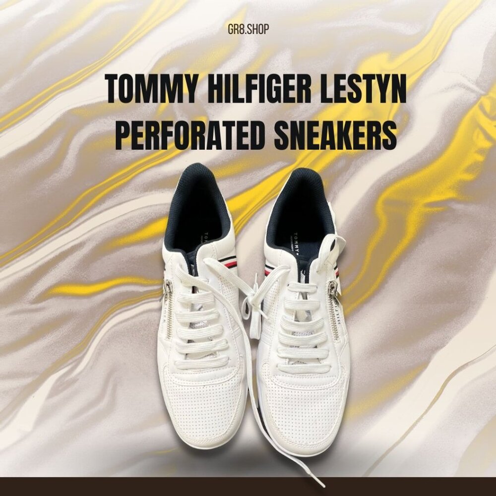 Tommy Hilfiger Lestyn White Perforated Sneakers Size 12 With Red & Navy Stripe A